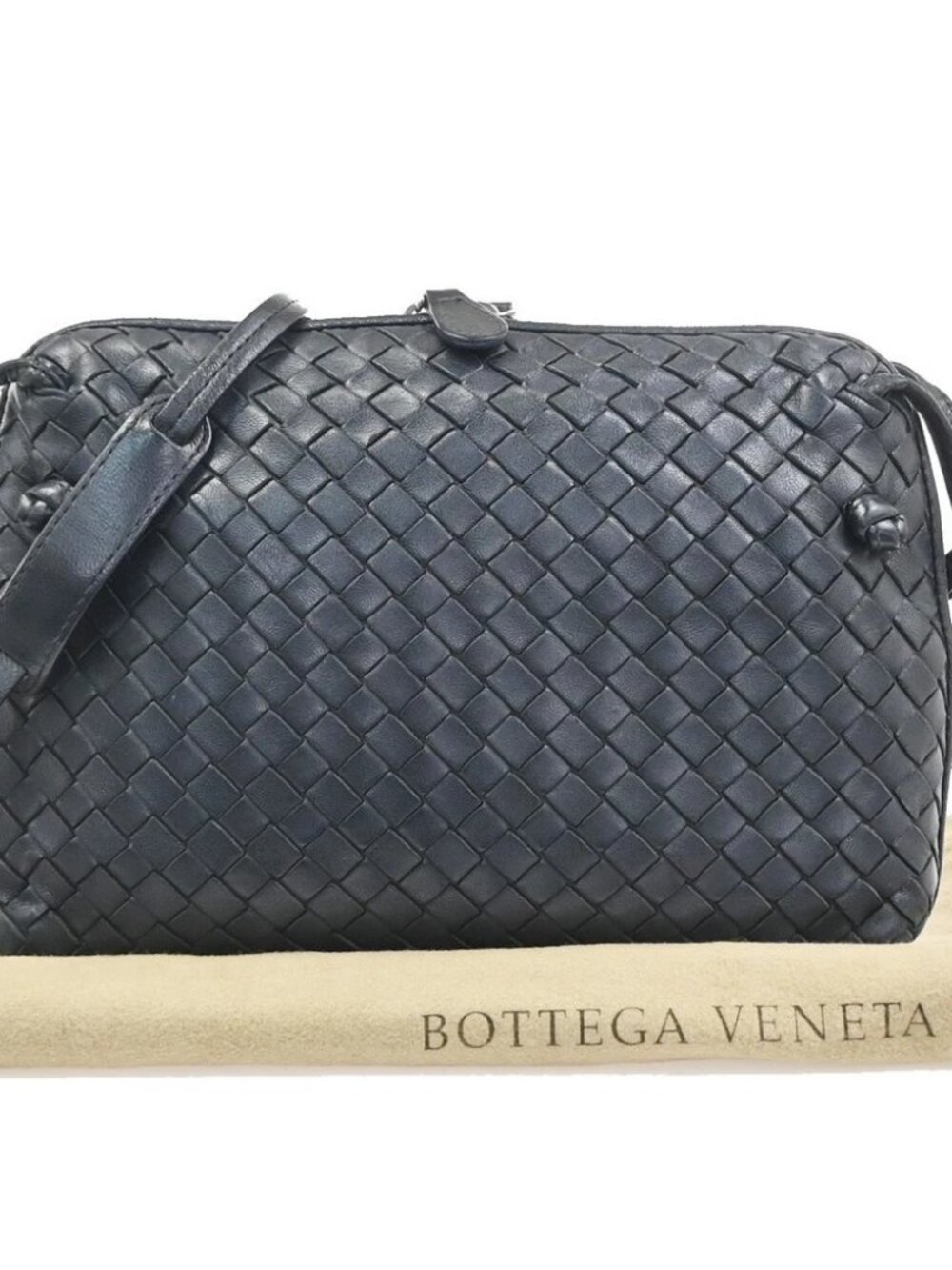 BOTTEGA VENETA Logo Intrecciato Crossbody Bag Leather Navy Blue SHW